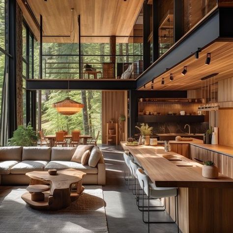 Modern Style Cabin, Modern Lakehouse Interiors, Cabin Modern House, Modern Cabin Style Home, Modern Cabin House Interiors, Modern Mountain House Interior Design, Modern Rustic Mountain Home Interiors, Modern Woodsy Home, Log Cabin Homes Interior Modern