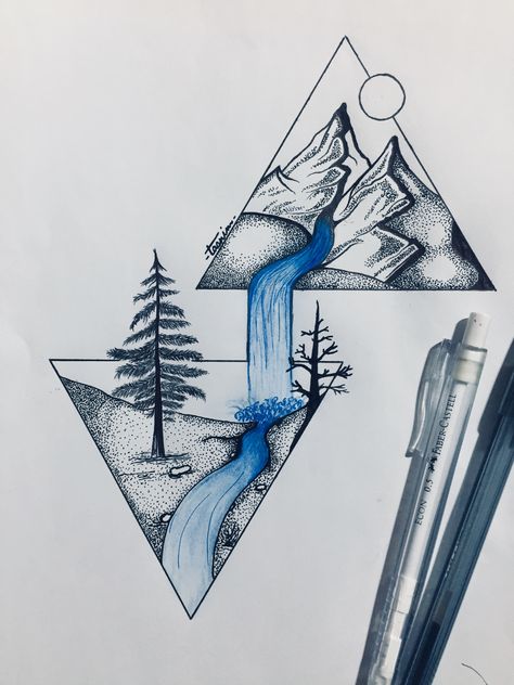 Drawing Ideas Triangle, Geometric Pencil Drawings, A Frame Drawing, Triangle Drawings Art, Drawing Ideas Colored Pencil Easy Nature, Nomadic Drawing Ideas, Easy And Cool Drawings, Art Final Ideas, Nomad Drawing