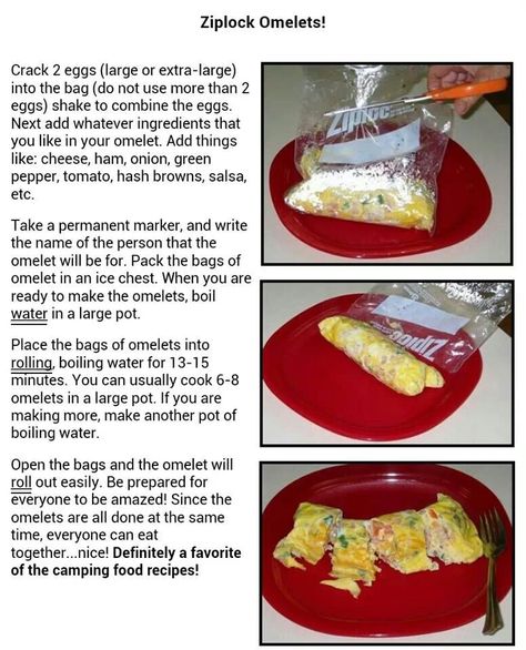 Totally doing this. Simple Camping, Camping Dishes, Ziploc Bag, Campfire Food, Camping Tips, Camping Food, 2 Eggs, Omelet, Boiling Water