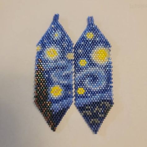 Diy Seed Bead Earrings, Beads Pattern, Seed Bead Pattern, Beaded Earrings Tutorials, Brick Stitch Pattern, Seed Bead Patterns, Starry Night Van Gogh, Bead Work Jewelry, Earring Tutorial