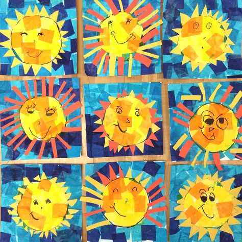 Happy #kindergarten Suns to brighten your day!  Tissue paper and construction paper. #arted #elementaryart #artteacher #artclass Sun Crafts, Kindergarten Art Lessons, Summer Art Projects, Spring Art Projects, Kindergarten Art Projects, Kindergarten Ideas, Elementary Art Projects, Kindergarten Art, Art Lessons Elementary