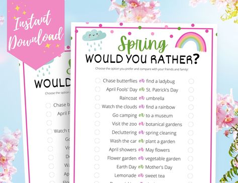 Spring Would You Rather Game, Spring This or That Game, Spring Printable Game, Easter Game Idea, Springtime Game for Kids, Teens, Adults This Or That Game, Spring Theme Party, December Printable, Would You Rather Game, School Christmas Party, Spring Games, Spring Printables, Easter Games, Spring Kids