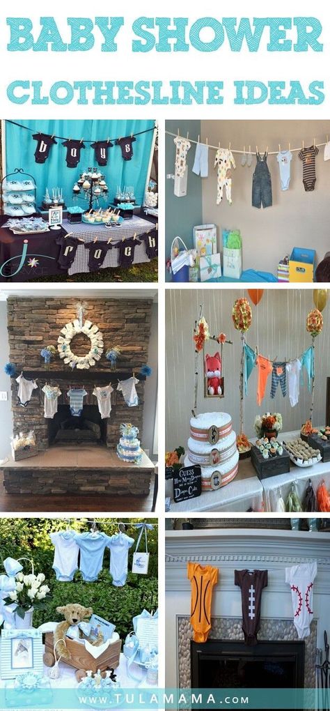 Baby Shower Clothesline Ideas | Hanging onesies is a great idea for baby shower decorations. It's like a DIY banner and you can do it for a girl, boy, or neutral baby shower. Pin it. #babyshower #babyshowerdecorations #decoration Baby Shower Clothesline Decoration, Clothesline Baby Shower Decor, Clothesline Ideas, Baby Shower Clothesline, Baby Shower Clothes, Puppy Baby Shower, Easy Baby Shower, Onesie Decorating, Mommy Tips