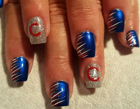 Chicago Bears Nail Designs, Chicago Cubs Nails Designs, Chicago Bears Nails Art, Chicago Cubs Nails, Chicago Bears Nails, Braves Nails, Chicago Nails, Cubs Nails, Baseball Nail Designs