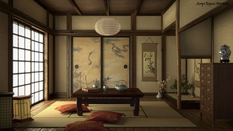 ArtStation - Washitsu, Sergio Raposo Fernández Chinese House Interior, Dojo Design, Chinese Interior Design, Japan Room, Traditional Japanese Home, Japanese Living Room, Japan Interior, Japanese Apartment, Japanese Home Design