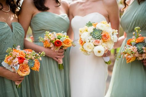 Photography: Stephanie Dee Photography - www.stephaniedeeblog.com  Read More: http://www.stylemepretty.com/2014/07/15/elegant-virginia-wedding-at-the-atrium-at-meadowlark-botanical-gardens/ Orange Wedding Cake, Romantic Bridesmaid Dresses, Orange Wedding Bouquet, Sage Green Wedding Colors, Burnt Orange Bridesmaid Dresses, Burgundy Bridesmaid Dresses Long, Burnt Orange Weddings, Orange Bridesmaid Dresses, Sage Green Bridesmaid Dress