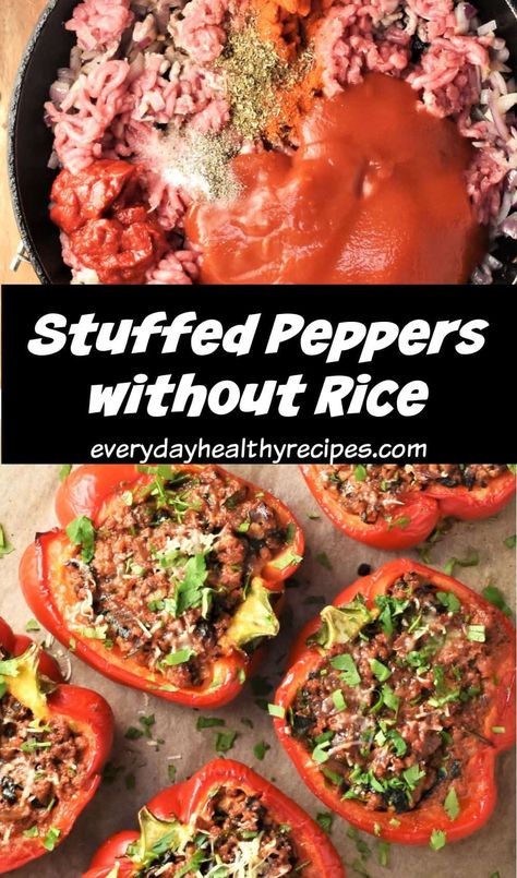 These stuffed peppers without rice are made using a mixture of ground meat, vegetables and simple herbs.  The filling is moist, rich and delicious despite containing a very moderate amount of cheese. Easy to make and ready in under an hour. #stuffedpeppers #lowcarbrecipes #groundturkey #turkeyrecipes #everydayhealthyrecipes Meat Stuffed Peppers, Stuffed Peppers Without Rice, Stuffed Bell Peppers Ground Beef, Healthy Stuffed Bell Peppers, Ground Turkey Stuffed Peppers, Gnocchi Recipes Homemade, Stuffed Peppers Beef, Keto Stuffed Peppers, Easy Stuffed Peppers