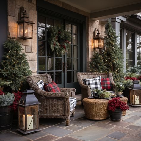 Christmas decor porch Primitive Christmas Front Porch Ideas, Outdoor Christmas Rugs, Christmas Decorating Outside Of House, Ballard Designs Christmas, How To Decorate A Long Front Porch, Neutral Christmas Front Porch, Large Screened In Porch Decorating Ideas, Ranch House Christmas Decor Exterior, Ralph Lauren Fall Decor