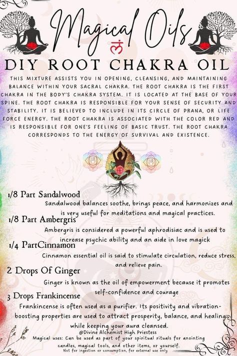 Essential Oils For Chakras, Magick Oil, Essential Oil Perfumes Recipes, Root Chakra Healing, Healing Essential Oils, Earth Energy, Healing Magic, Spiritual Journals, Wiccan Spell Book