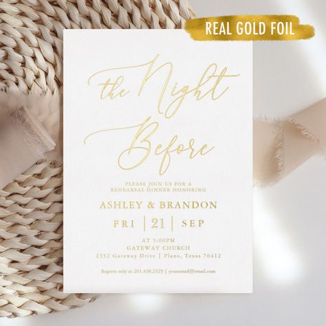 The Night Before Rehearsal Dinner, Rustic Rehearsal Dinners, Wedding Rehearsal Invitations, Rehearsal Invitations, Dinner Invitation Template, Wedding Rehearsal Dinner Invitations, Gold Foil Invitation, Rehearsal Dinner Invitation, Dinner Invitation