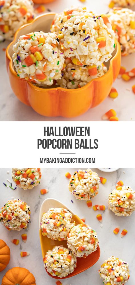 Marshmallow Popcorn Balls Halloween, Halloween Fluffy Popcorn, Halloween Treats With Candy Corn, Homemade Popcorn Balls Halloween, Old Fashioned Halloween Treats, Spooky Popcorn Balls, Popcorn Recipes Halloween, Candy Corn Popcorn Balls, Popcorn Balls Recipe Easy Halloween