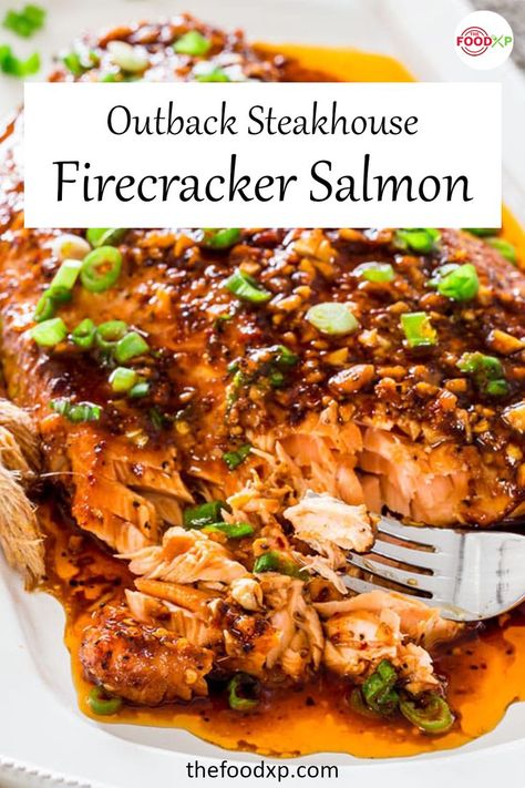 Looking for a healthy and delicious recipe to help you cook Salmon? Here's the Outback Steakhouse Firecracker Salmon recipe for you. Explore the recipe at the THEFOODXP blog for more detailed information. #outbacksteakhousefirecrackersalmon #outbacksteakhousefirecrackersalmonrecipe #outbacksteakhouserecipes #firecrackersalmon #salmonrecipes Outback Salmon Recipe, Firecracker Salmon Recipes, Firecracker Salmon, Salmon Sauce, Bourbon Salmon, Bourbon Glazed Salmon, Firecracker Sauce, Cook Salmon, Fish Dinner Recipes