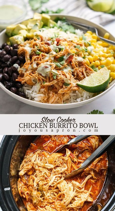 Crockpot Meal, Chicken Burrito, Chicken Burrito Bowl, Cilantro Lime Dressing, Chicken Bowl, Lime Dressing, Burrito Bowl, Health Dinner Recipes, Healthy Crockpot