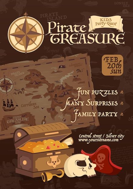 Pirates Poster, Pirates Map, Treasure Poster, Pirates Design, Event Poster Design Inspiration, Pirates Theme, Kids Pirate Party, Pirate Illustration, Ship Pirate