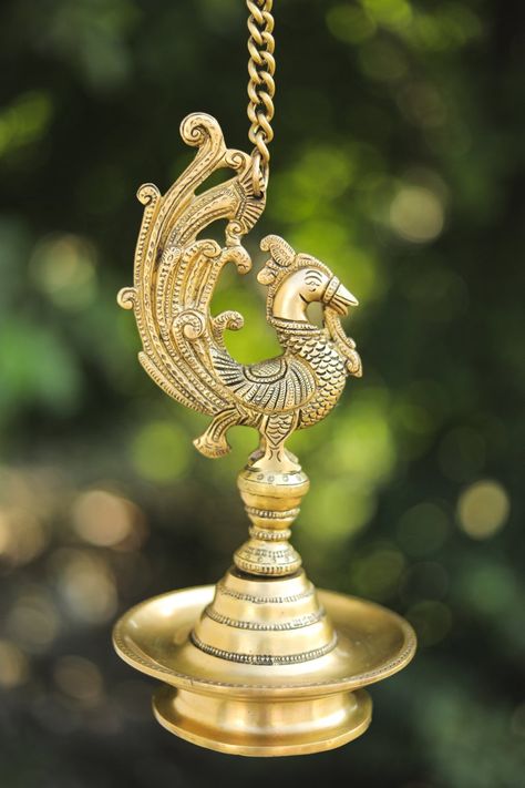 Traditional Brass Intricate detailing Brass Oil Lamp diya bird annapakshi Indian Oil Lamp, Brass Peacock, Hanging Ceiling Lamps, Krishna Statue, Indian Look, Hanging Lamps, Ceiling Hanging, Peacock Design, Decoration Accessories