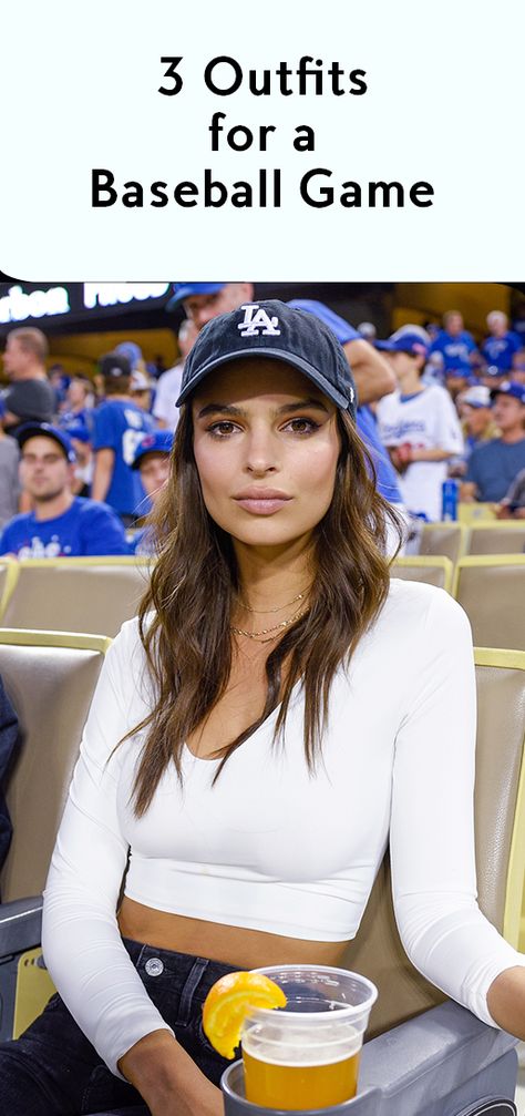 Hit a run home with these game day inspired outfits Dodgers Outfit, Baseball Cap Hairstyles, Cap Hairstyles, Emily Ratajkowski Style, Dodgers Girl, Baseball Cap Outfit, Cap Outfit, Baseball Outfit, Baseball Women