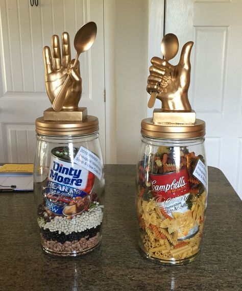 Soup & Stew cook off trophies by Lisa Lowery Diy Trophies Dollar Tree, Soup Cook Off Trophy, Trophy Diy Homemade, Chili Cookoff Trophy, Diy Trophy Ideas, Chili Trophy, Chili Cook Off Trophy, Diy Trophies, Homemade Trophies