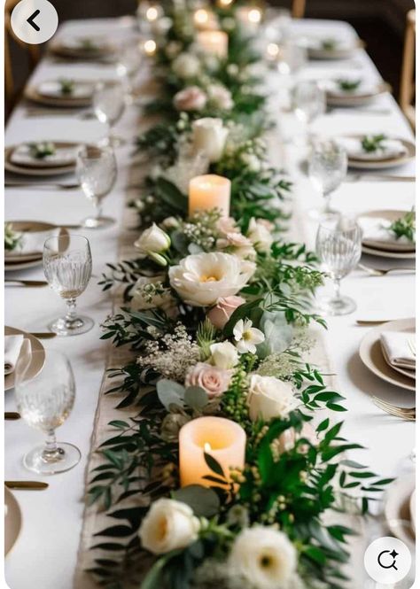 Summer Wedding Long Table Decor, Long Wedding Table Ideas, Diy Centerpieces Wedding Long Table, Wedding Floral Centerpieces Long Table, Low Rectangular Centerpieces, Long Wedding Reception Table Decor, Table Setting Ideas Wedding Simple, Wedding Table Settings Rectangle, Wedding Table Decor Rectangle