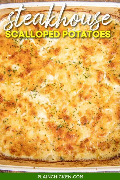 Steakhouse Scalloped Potatoes, Gold Potato Recipes, Steakhouse Potatoes, Plain Chicken Recipe, Heavy Cream Recipes, Easy Scalloped Potatoes Recipe, Scalloped Potatoes Easy, Hashbrown Casserole Recipe, Potato Wedges Baked