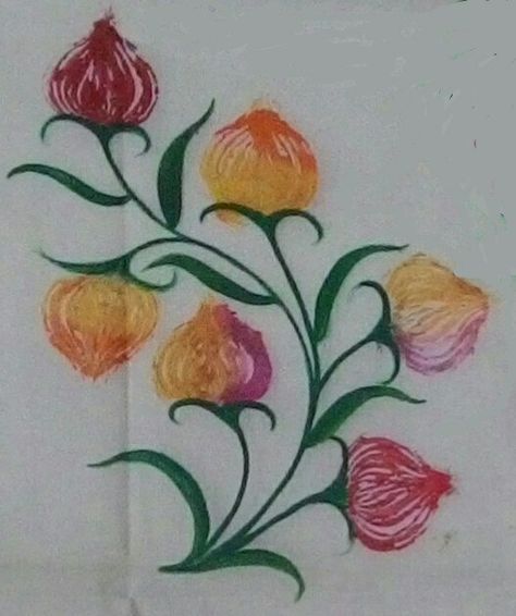 Fabric Painting Patterns, Block Printing Ideas, Easy Fabric Painting, Painting Ideas Step By Step, Onion Painting, Fabric Painting Ideas, Thumb Painting, Learn Painting, Material Crafts