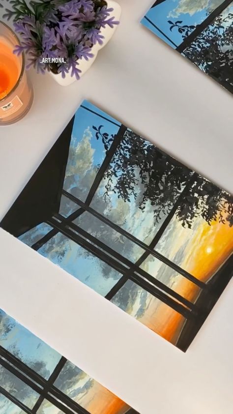 Scenery Wallpaper Painting, Window Scenery Painting, Aesthetic Painting Scenery, Scenery Painting Aesthetic, Aesthetic Scenery Painting, Watercolour Art Aesthetic, House Painting Acrylic, Scenery Painting Ideas, Window Watercolor Painting