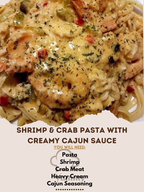 Dive into Shrimp & Crab Pasta with Creamy Cajun Sauce! 🍤🦀 Spicy, creamy, and utterly divine. #SeafoodPastaHeaven #CajunCraze Shrimp & Crab Pasta with Creamy Cajun Sauce Recipe 🌶️🍝 Ingredients: Pasta (300g, any type): 300g Shrimp (peeled and deveined, 200g): 200g Crab Meat (lump, 150g): 150g Heavy Cream (240ml): 240g Cajun Seasoning (2 tbsp): 30g Garlic (minced, 3 cloves): 15g Butter (2 tbsp): 30g Parmesan Cheese (grated, 100g): 100g Green Onions (chopped, for garnish): As desired Salt and Pe... Shrimp With Heavy Cream Recipe, Cajun Shrimp And Crab Pasta, Shrimp And Crab Meat Pasta, Cajun Sauce Recipe, Shrimp And Crab Pasta, Shrimp In A Pan, Creamy Cajun Sauce, Crab Pasta, Cajun Sauce