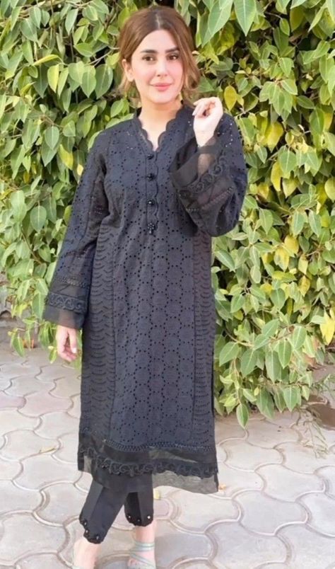 Black Frock Design Pakistani, Chikankari Dress Designs, Black Frock Design, Net Dress Design, Design Frock, Kurti Ideas, Dress Design Pakistani, Chicken Dress, Chikankari Kurta