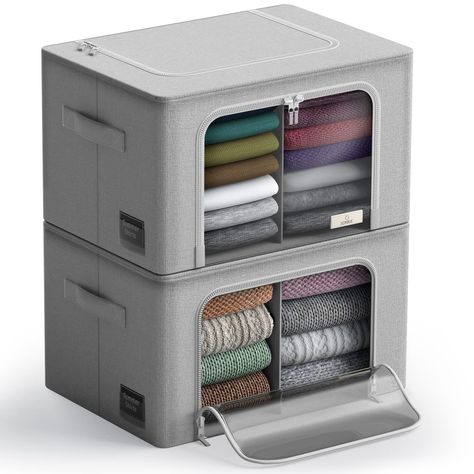 PRICES MAY VARY. CLOTHING STORAGE ORGANIZER BOX SET (2-PACK, GRAY) - Pack, zip, and transport household essentials with this stackable storage bin set, featuring a clear view and divided interior EASY ACCESS & DIVIDED INTERIOR - Front and top zipper opening makes it easy to store and remove contents - Divided interior helps separate seasonal clothing, bedding, blankets, comforters, linens, holiday decorations, books, toys, baby clothes, shoes, handbags, and more PORTABLE CARRY HANDLES - Secure c Blanket Clothes, Large Storage Bins, Bedding Linen, Pillow Blanket, Clothes Organizer, Stackable Storage Bins, Window Handles, Clear Windows, Clear Window