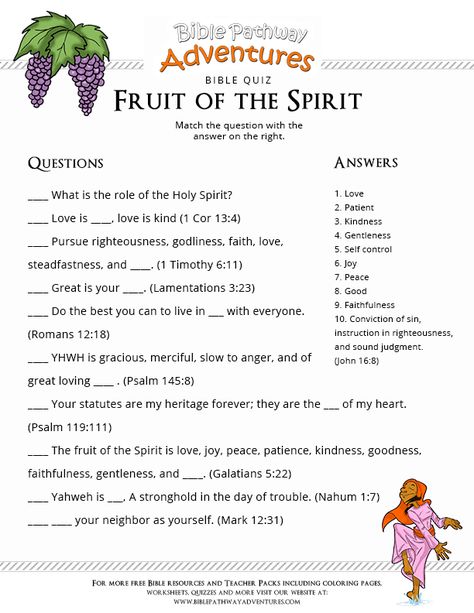 Enjoy our free Bible Quiz: Fruit of the Spirit. Fun for kids to print and test their knowledge. Feel free to share with others, too! Bible Activity Sheets, Printable Bible Activities, Adventure Bible, Bible Study Worksheet, Bible Worksheets, Bible Quiz, Fruits Of The Spirit, Bible Study For Kids, Sunday School Teacher