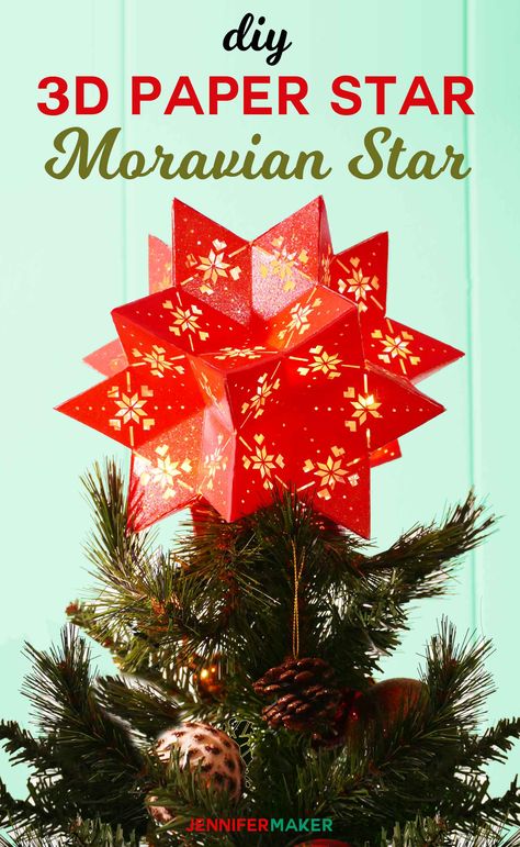 DIY 3D Paper Star: Moravian Star 20 Points | Christmas Tree Topper | #chrismtascrafts | free Cricut SVG cut files | how to make a moravian star Diy Tree Topper, 3d Paper Star, Free Cricut Svg, 3d Templates, Jennifer Maker, Moravian Star, Free Cricut, Star Tree Topper, Paper Crafts Card