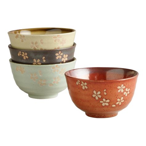 Bowls Set an elegant, tranquil table with our rustic rice bowl inspired by traditional Japanese design. Made of stoneware and organically textured, the set includes dishes in four earthy colors, each adorned with a delicate cherry-blossom motif. Mix with your current place settings or match with other pieces from the collection for elevated entertaining and everyday dining. Material: Stoneware, Color:Multi. Also could be used for Sake bottle,sake carafe,sake glass,sake pitcher,glassware,glasses, Asian Dinnerware, Ceramics Bowls Designs, Japanese Bowls, Asian Home Decor, Stone Bowl, Kitchen Bowls, Japanese Ceramics, Bowl Designs, Rice Bowl