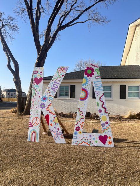 Kappa Delta Letters, Sorority Letters Painted Wooden Big, Sorority Letter Ideas, Painted Sorority Letters, Aoii Letters, Adpi Letters, Sorority Letters Painted, Sisterhood Events, Big/little Baskets