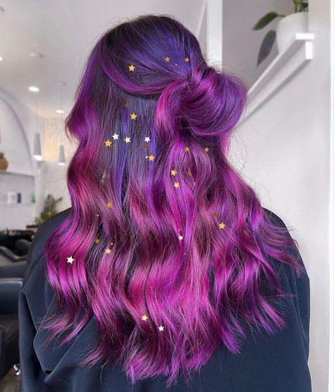 Bright Purple Balayage, Dimensional Vivid Hair, Balayage Vivid Color, Hair Inspo Color Purple, Vivid Balayage Hair, Pink To Purple Ombre Hair, Purple To Pink Ombre Hair, Purple To Pink Hair, Vibrant Ombre Hair