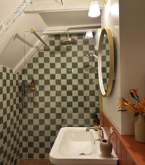 Hannah’s bathroom has been completely transformed with our cake tiles by @2lgstudio and Arcilla tile on the floor. It now feels wonderfully warm and cosy, a lovely change from how it was before. 🫶🏻 @theottohouse . . . . . #EncausticTiles #TileDesign #PatternedTiles #TileInspo #BathroomTiles #KitchenTiles #StatementTiles #TileStyle #InteriorTiles #TileGoals #HandmadeTiles #TileLove #FeatureTiles #TilesOfInstagram #TileTrends Checkered Tile Shower Walls, Checkered Shower Tile, Checkered Bathroom Tile, Checkered Bathroom, Tile Shower Walls, Checkered Tile, Cosy Bathroom, Statement Tiles, Interior Tiles