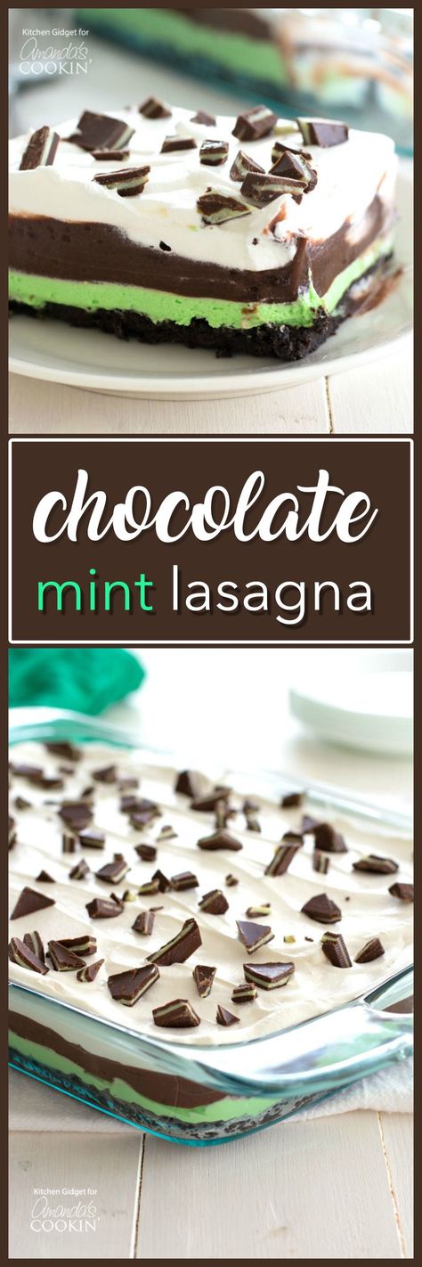 Indulge with this smooth and creamy one-pan Mint Chocolate Lasagna. It's the perfect no bake dessert to bring to a potluck or holiday gathering! Lasagna Dessert, Chocolate Lasagna Recipe, Grill Dessert, Mint Desserts, Weight Watcher Desserts, Chocolate Lasagna, Mint Oreo, Mint Recipes, Low Carb Dessert