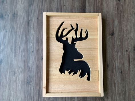 #etsyshop #deer #decor #deerdecor #image #rustic #wood #sign #fabric #art #brown #woodworkingcarpentry #black #framed #bedroom #wooddecor #fabricdecor #animaldecor #deerwallart #rusticdeer #dearhead #hunting #huntingdecor Deer Bedroom Decor Rustic, Deer Plaque Ideas, Deer Head Wood Cutout, Hunting Signs Rustic, Deer Wood Art Print, Country Craft Ideas, Deer Signs, Hunting Decor, Deer Decor