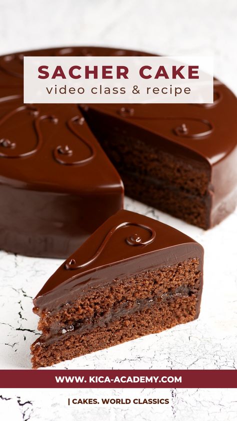 The Sacher cake consists of 2 layers of chocolate sponge, apricot jam. And is coated with a chocolate ganache. Learn to make this delicious cake by Aleksandr Trofimenkov as well as 6 more beautiful cakes by joining the World Classics course by KICA Academy. Follow the link to learn more about this course. Sacher Torte Recipe, Viennese Desserts, Sacher Cake, Pastry Cook, Cake Video, Torte Recipe, Chocolate Sponge Cake, Torte Cake, Pastry Art