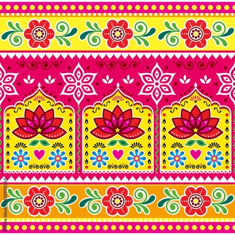 Download Indian and Pakistani truck art inspired vector seamless pattern with lotus flowers, retro floral Diwali colorful folk art pattern    Stock Vector and explore similar vectors at Adobe Stock. Pakistani Truck Art, Truck Art Pakistan, Pakistani Truck, Truck Tattoo, Pakistan Art, Pakistani Art, Art Inspired Fashion, Retro Ornaments, Indian Patterns