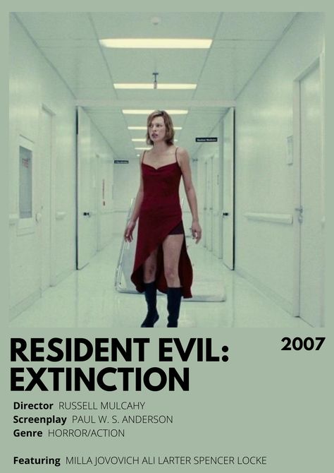 movie poster Resident Evil Movie Poster, Resident Evil Poster, Resident Evil Extinction, Random Posters, Resident Evil Movie, Resident Evil Alice, Dystopian Aesthetic, Spooky Movies, Ali Larter