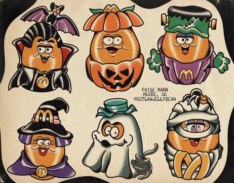 Halloweentown Tattoo, Mcdonalds Art, Vintage Halloween Tattoos, Traditional Halloween Tattoo, Halloween Flash Sheet, Traditional Tattoo Halloween, Halloween Nostalgia, Cute Halloween Drawings, Spooky Tattoos