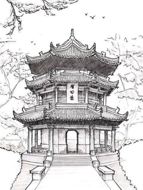 Japanese Temple Drawing, Japanese Architecture Drawings, Buildings Sketch Architecture, Buildings Sketch, Fine Art Sketches, Architecture Rome, Architecture Indian, Chinese Temples, Line Composition