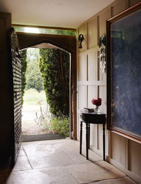 A magical 16th-century Cotswold millhouse full of secret nooks and unexpected colour | House & Garden Black Slate Floor, Colour House, White Moroccan Tile, Cladding Ideas, Cotswold House, Dark Wooden Floor, Cotswold Way, Tongue And Groove Walls, Queen Anne House