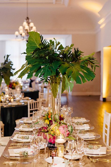 tall palm centerpiece | Elaine Palladino Tall Centerpieces, May Weddings, Tropical Party, Miami Wedding, Party Decoration, Southern Weddings, Luau Party, Wedding Tablescapes, Tropical Wedding