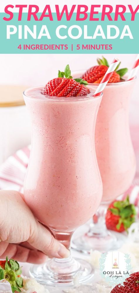 A luscious Strawberry Pina Colada recipe that's just like a refreshing smoothie. Alcoholic, or you can make it non-alcoholic and call it a virgin! Only 4 ingredients. Takes 5 minutes to make. Make it in a blender or on the rocks. The taste alone will transport you to a beachside cabana with a handsome poolboy! Non-dairy, gluten-free, vegan, no added sugar. It's a healthy pina colada cocktail made just for you. Strawberry Colada Smoothie, Virgin Pina Colada Smoothie Recipes, Strawberry Colada Recipe, Non Alcoholic Pina Colada Recipe, Strawberry Pina Colada Recipe, Pina Colada Recipes, Pina Colada Recipe Non Alcoholic, Strawberry Pina Colada, Easy Pina Colada Recipe