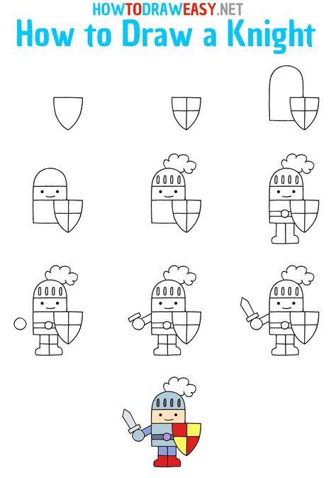 How to Draw a Knight Step by Step #MedievalKnight #KnightDrawing #EasyKnightDrawing #StepbyStepKnightDrawing #KnightDrawingforKids #KnightDrawings #Knights #HowtoDrawaKnight #KnightSketch #EasyDrawingKnight #Sword #SwordDrawing #MedievalKnightDrawing #MiddleAge #MiddleAges #KnightArmor How To Draw A Knight Step By Step, Easy Knight Drawing, How To Draw A Knight, Knight Drawing Easy, Knight Doodle, Elementary Drawing, Knight Drawing, Easy Drawing Steps, Drawing Lessons For Kids