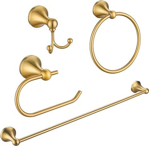 Amazon.com: FROPO 4 Pcs Gold Bathroom Hardware Set - Brushed Brass Gold Bathroom Accessories Kit, Stainless Steel Wall Mounted 23.6 Inch Towel Bar | Towel Hook | Toilet Paper Holder | Hand Towel Holder : Tools & Home Improvement Gold Bathroom Hardware, Gold Bathroom Fixtures, Gold Bathroom Decor, Black And Gold Bathroom, Rococo Furniture, Gold Bathroom Accessories, Gold Fixtures, Stainless Steel Wall, Hand Towel Holder