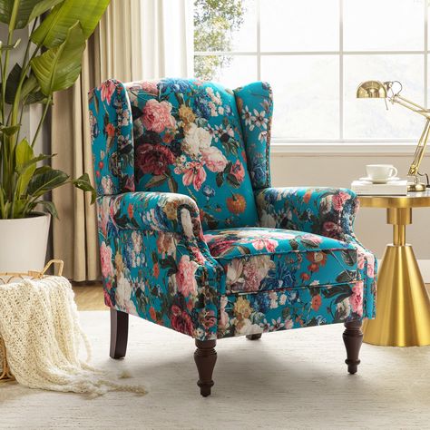 The perfect vintage-look piece to complete your transitional decor, this traditional design wingback accent chair has it all: style, comfort, and durability. With the attractive floral patterned fabric design and spindle legs, it adds a dash of cohesive style. This chair features copper nailhead trim on both the wingback and roll arm with cutaway, adding a touch of elegance and sophistication to its design. Whether placed in your study, living room, or bedroom, it seamlessly blends with traditio Wingback Accent Chair, Club Bedroom, Floral Chair, Wingback Armchair, Velvet Accent Chair, Room Ambiance, Idea Board, Transitional Decor, Accent Chairs For Living Room