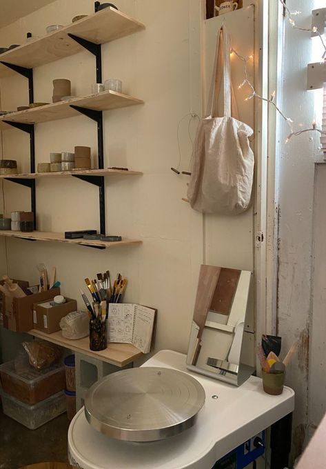 Pottery Room Aesthetic, Pottery Shed Ideas, Home Clay Studio, Tiny Pottery Studio, Home Pottery Studio Setup, Pottery Room Ideas, At Home Pottery Studio, Pottery Outfit, Pottery Studio Aesthetic