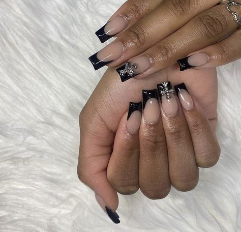 Black French With Gems, Cross Nail Designs, Black French Nails, Stiletto Nails Short, Nail Piercing, Cross Nails, Tapered Square Nails, Black Acrylic Nails, Nails Now