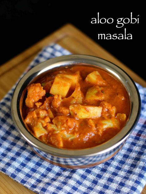 aloo gobi masala recipe | how to make aloo gobi curry - restaurant style Gobi Masala Recipe, Cauliflower Masala, Gobi Curry, Aloo Gobi Recipe, Gobi Masala, Gobi Recipe, Gobi Recipes, Cooking Curry, Hebbar's Kitchen